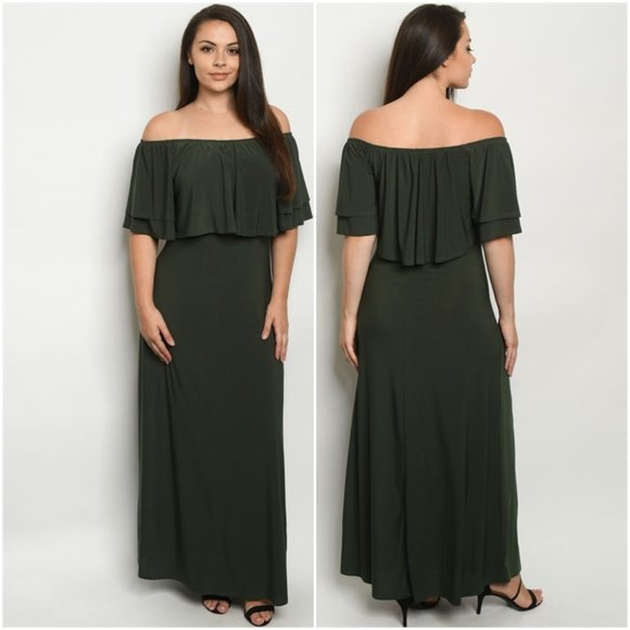 OLIVE OFF SHOULDER MAXI DRESS - Picture 2 of 4
